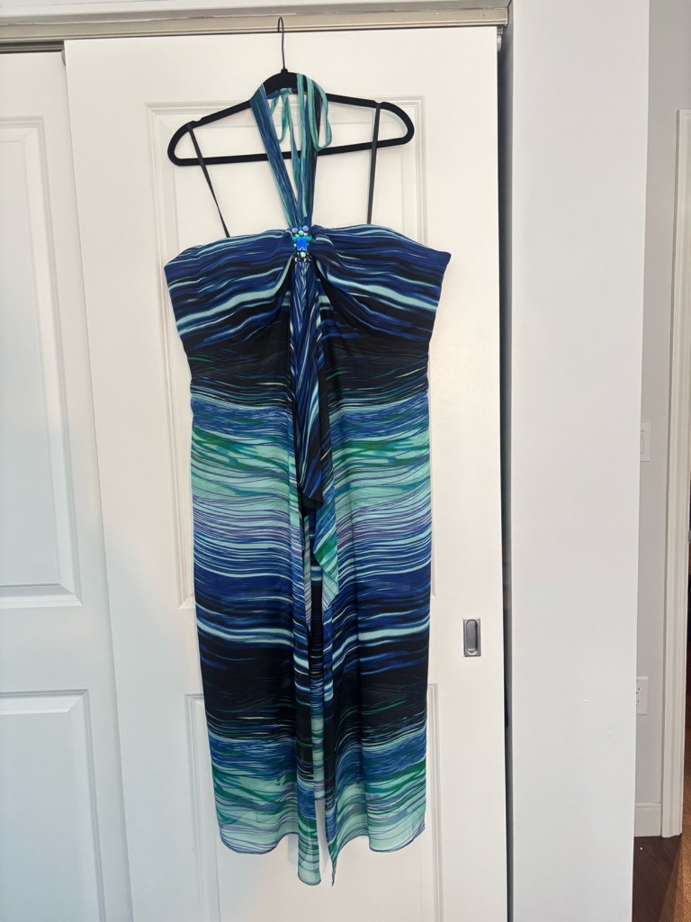 Beaded Halter Dress With Vibrant Blue Abstract Print